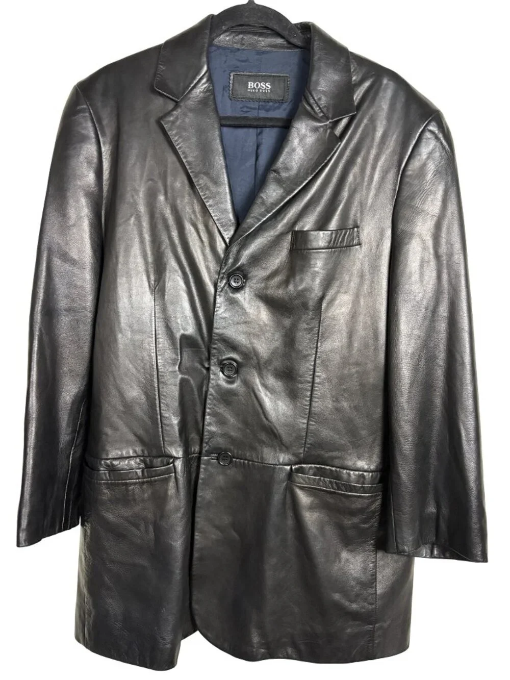 Hugo Boss Vintage Genuine Leather Blazer Jacket Men's Black 3 Button Classic 40R